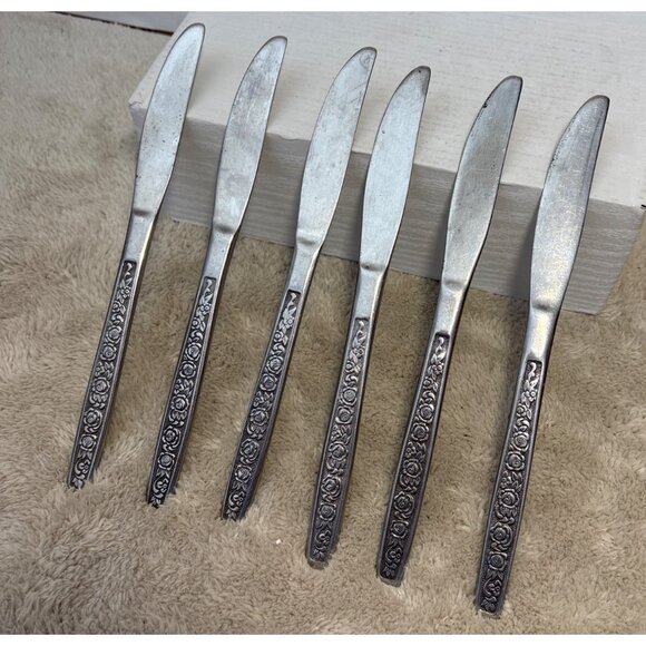 6 Vintage National Stainless Korea Butter Knives With Floral Design Handles 8.2" - Picture 3 of 5